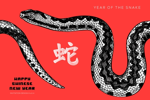 Chinese New Year 2025 greeting card template. Year of the snake invitation design. Hand drawn snake illustration. NOT AI generated